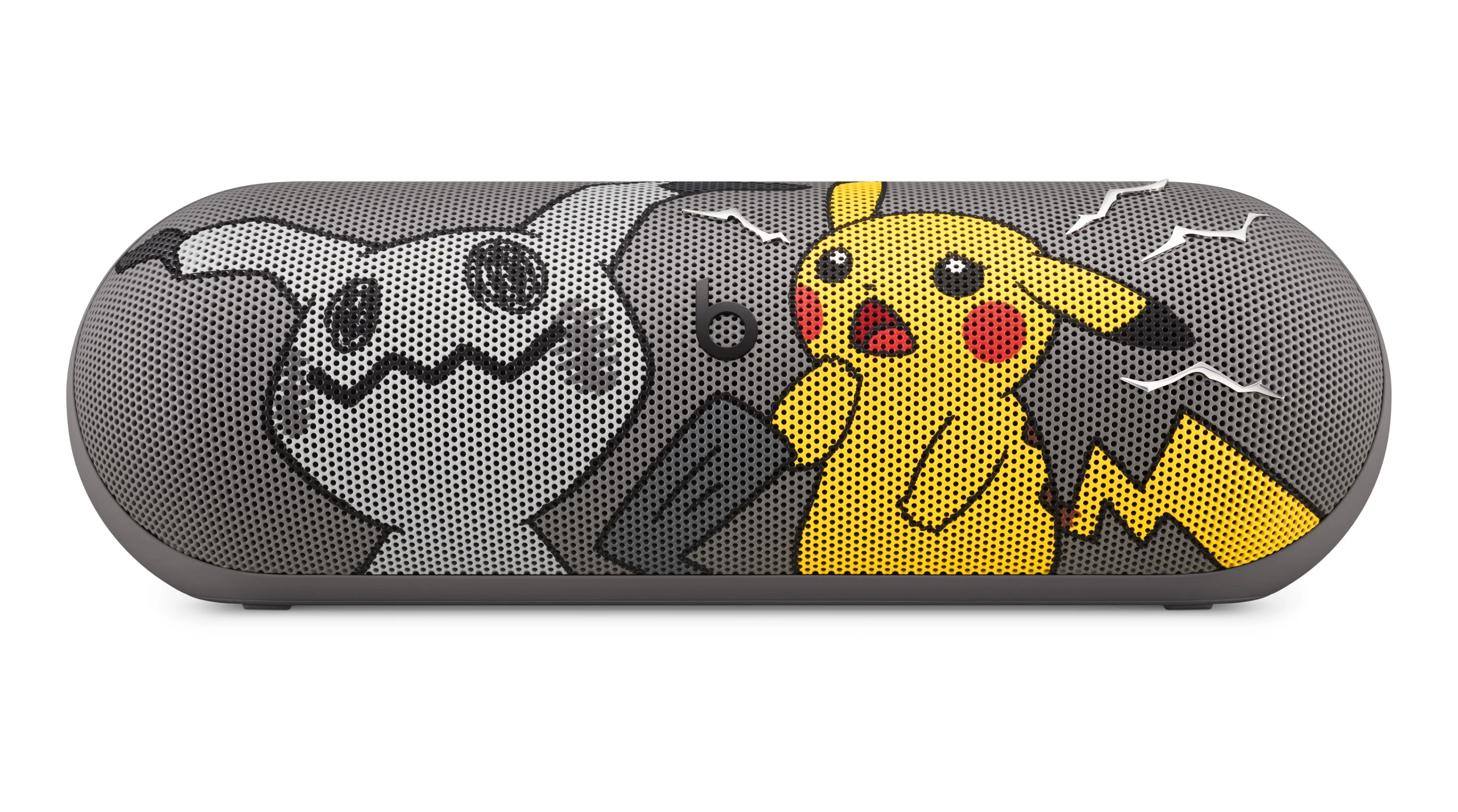 Foto oficial da Beats Pill edição Pokémon, com Pikachu e Mimikyu na grade da caixa de som