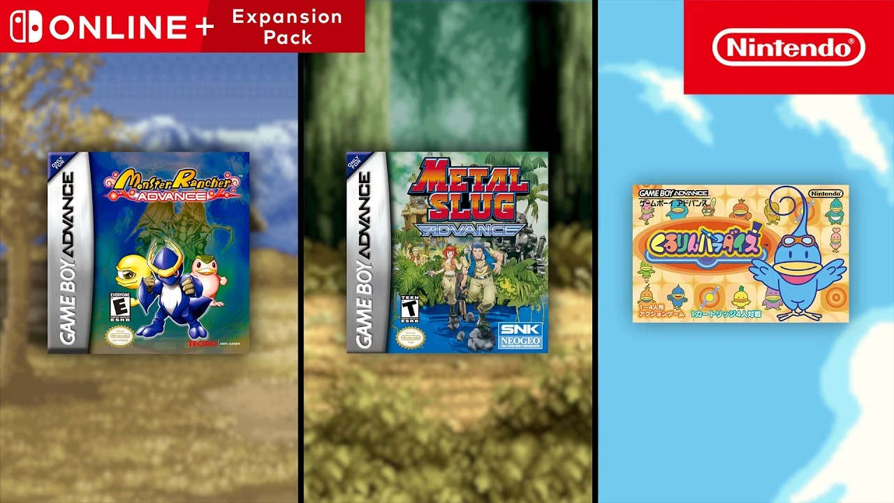 Capas de Monster Rancher Advance, Metal Slug Advance e Kururin Paradise na apresentação oficial da Nintendo