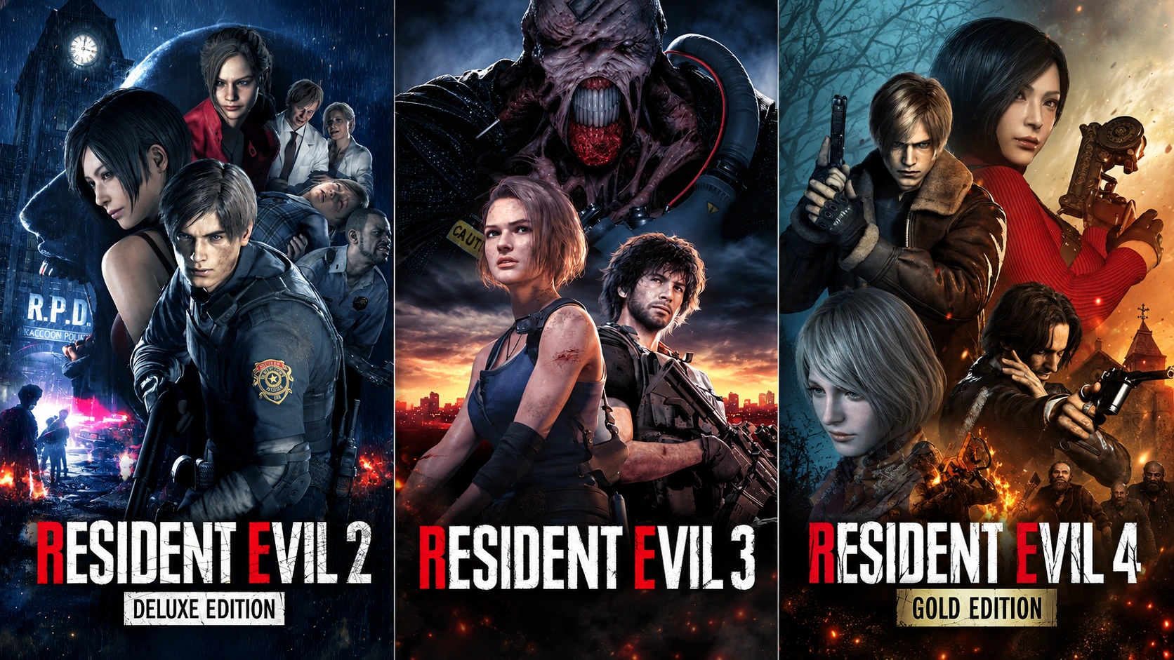 Montagem com as artes de Resident Evil 2 Deluxe Edition, Resident Evil 3 e Resident Evil 4 Gold Edition