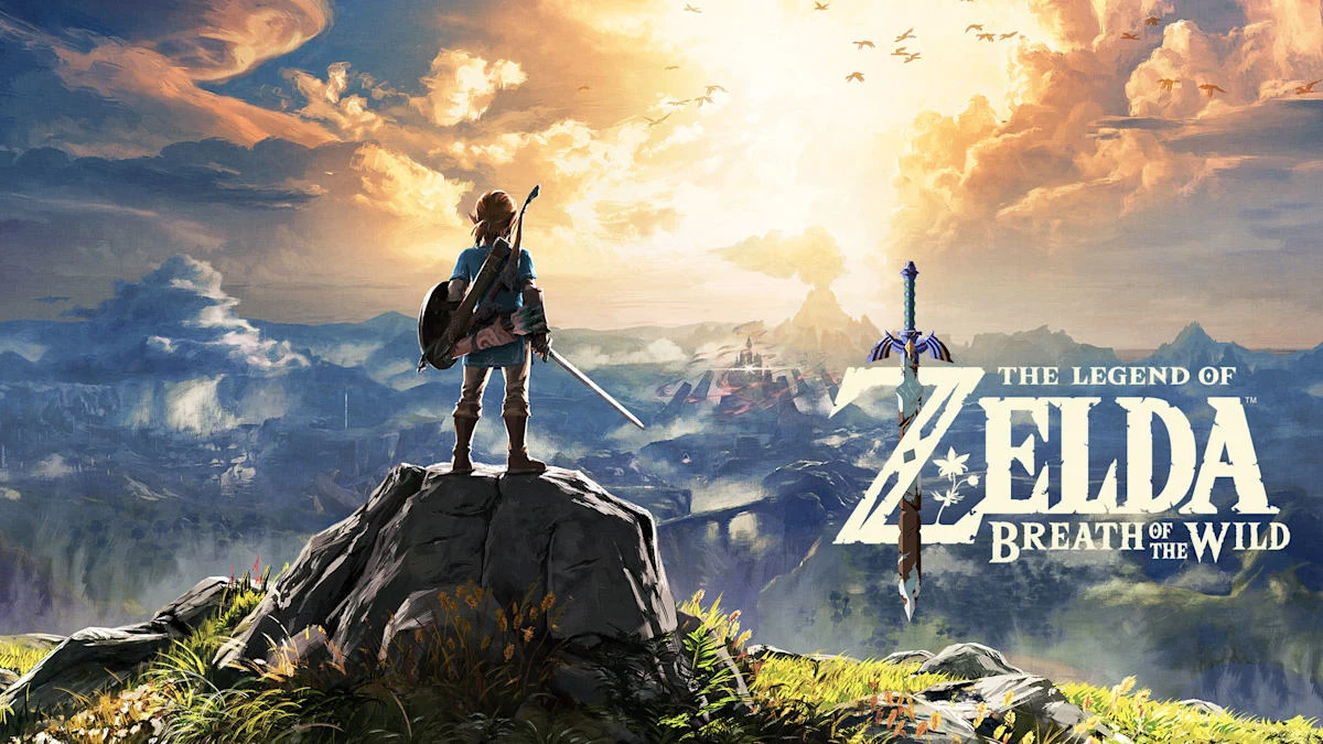 Arte oficial de The Legend of Zelda: Breath of the Wild, com Link diante da paisagem de Hyrule