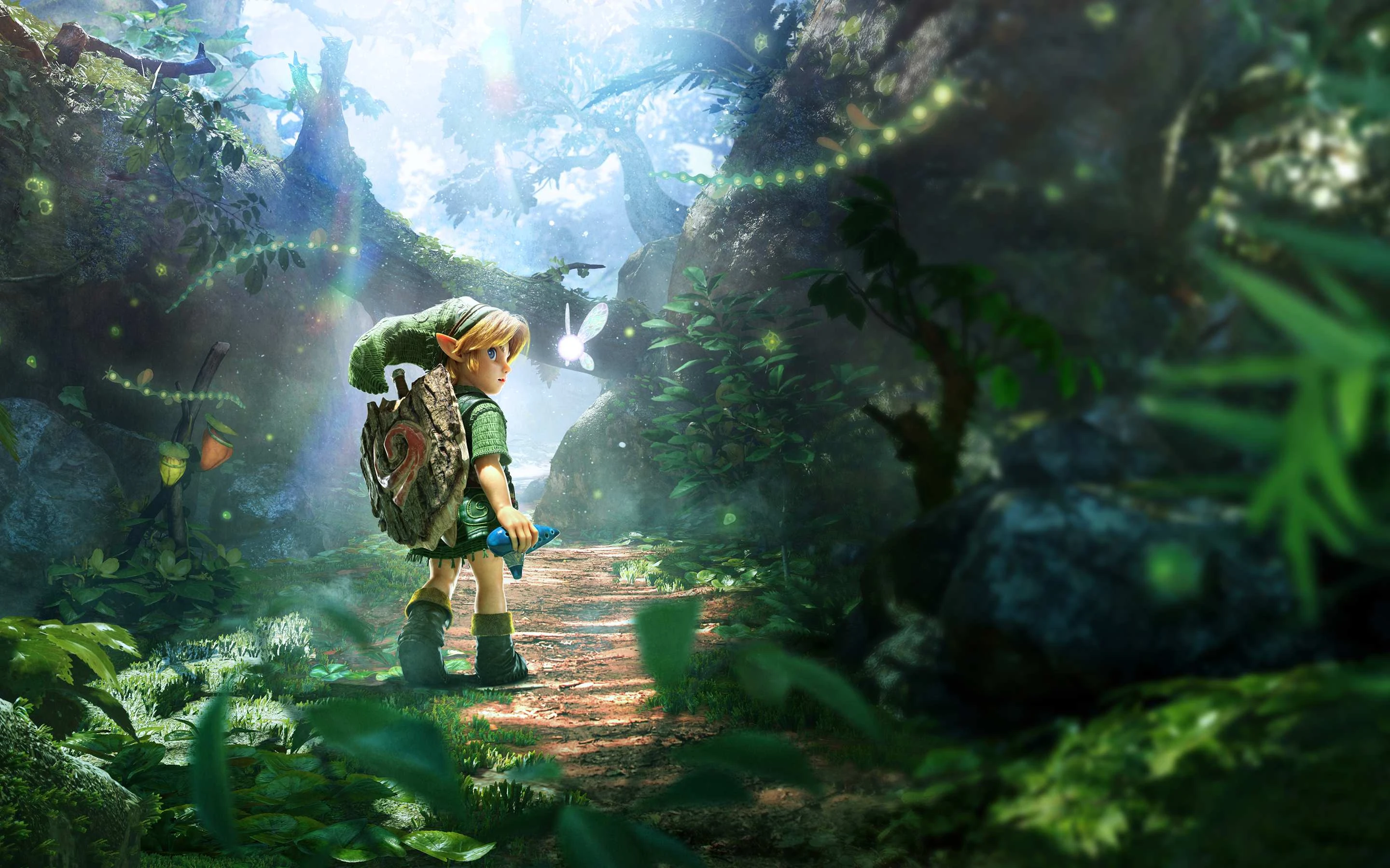 Arte oficial de Ocarina of Time com Link segurando a ocarina ao lado de Navi na floresta
